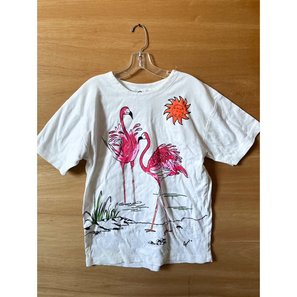 Vintage Sandylo's White Pink Flamingo Sun Graphic T Shirt Size S 100% Cotton